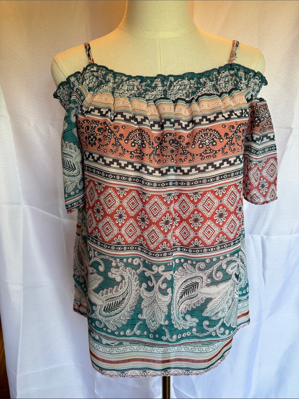 by & by Off-Shoulder Printed Camisole - Teal & Rust
